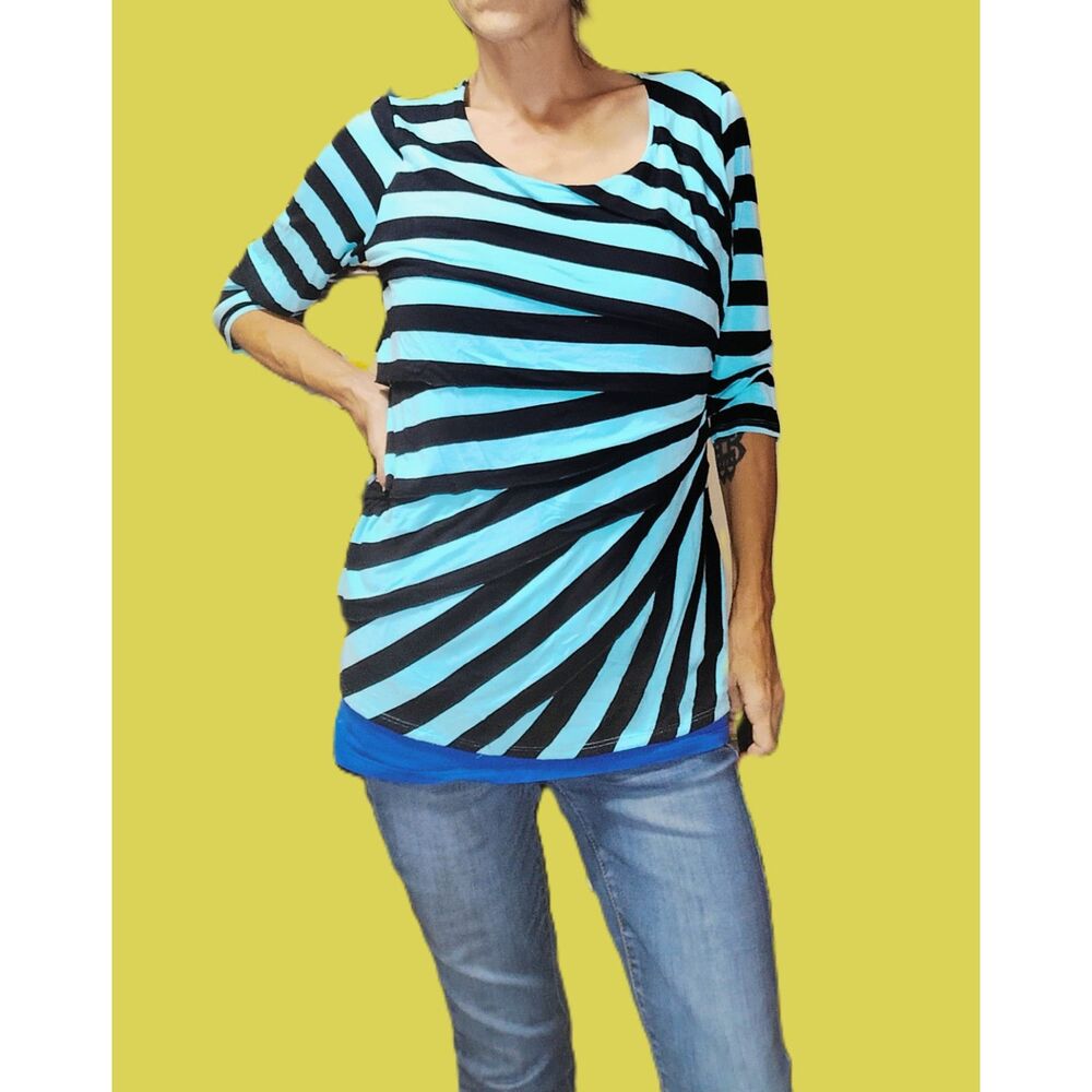 Dana Buchman ~ Blue Striped Ruched Side Layered 3/4 Sleeve Top ~ Large